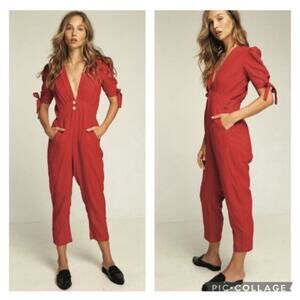 Rue Stiic Anthropologie Womens Linen Jumpsuit Size M Red Cropped Coastal Minimal